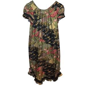 Vintage Made in Hawaii Carol Bennett Tropical Bird Floral Ruffled Maxi Dress